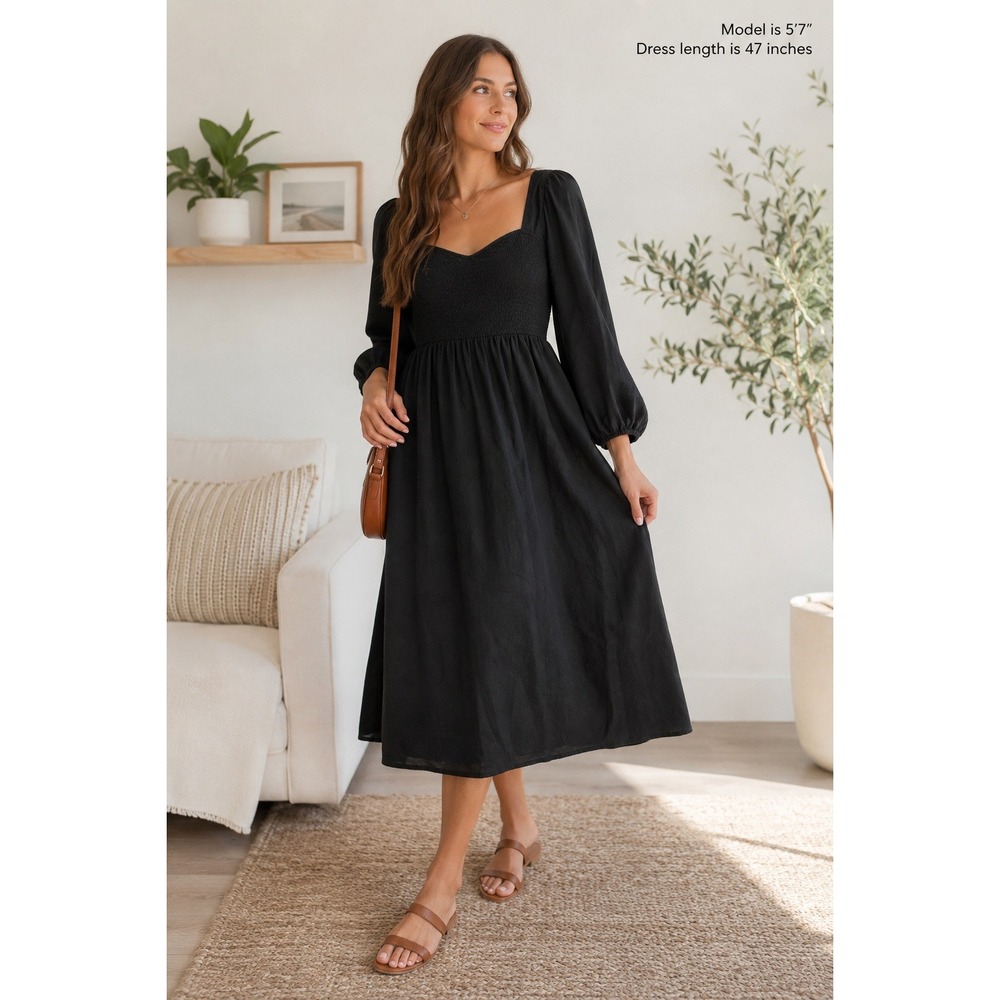 Old Navy Womens Black Smocked Square Neck Cotton Balloon Sleeve Midi Dress L